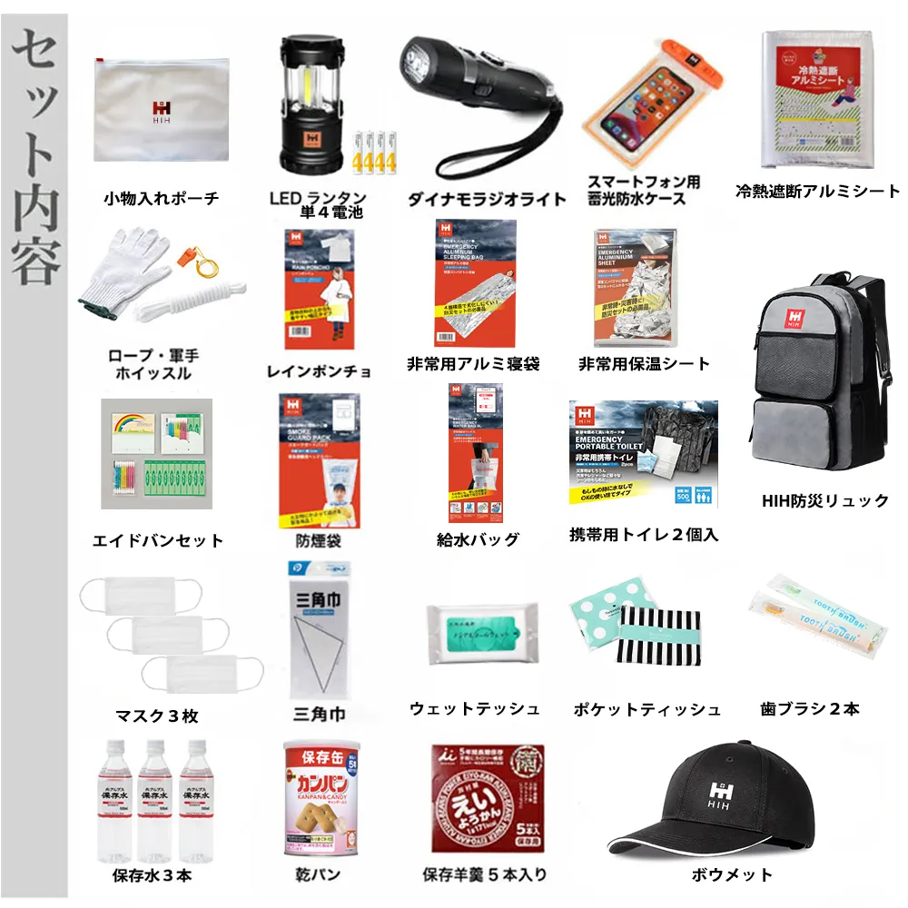 HIH防災25点セットの内容物一覧の写真