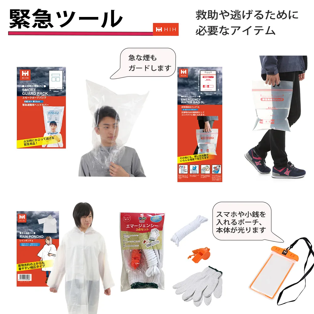 緊急ツール 救助や逃げるために必要なアイテム。スモークガードバック、レインポンチョ、非常用給水バッグ等