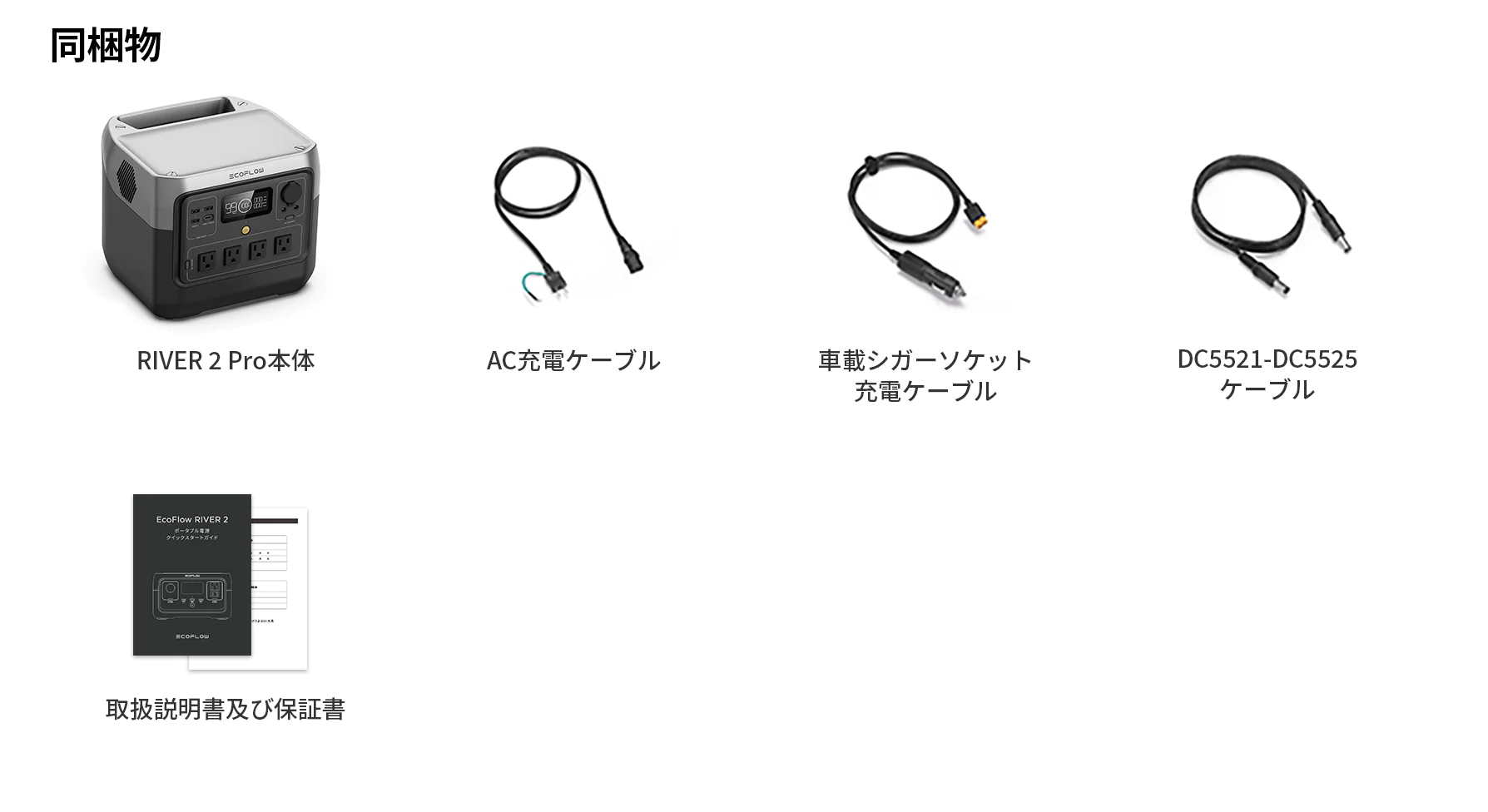 同梱物のイメージ（RIVER2 PRO本体　AC充電ケーブル　車載シガーソケット充電ケーブル　取り扱い説明書及び保証書）